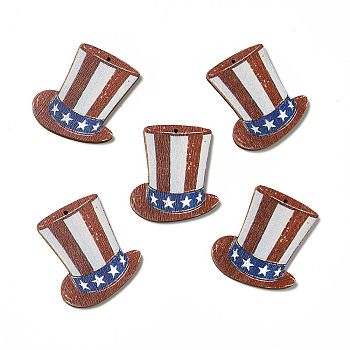 American Flag Theme Single Face Printed Aspen Wood Pendants, Tall Top Hat Charm, Sienna, 39.5x34.5x2.5mm, Hole: 1.8mm