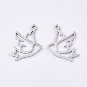 201 Stainless Steel Pendants, Bird, Stainless Steel Color, 16x18x1mm, Hole: 1.4mm