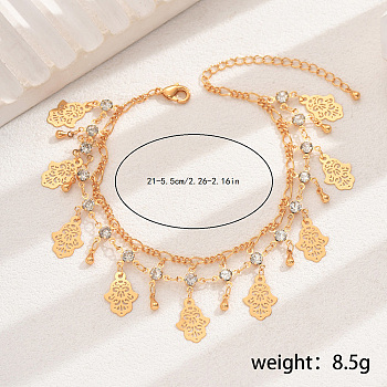 Bohemian Style Brass Rhinestone Charm Anklets, Women's Jewelry for Summer Beach,Palm, Golden, 8-1/4 inch(21cm)