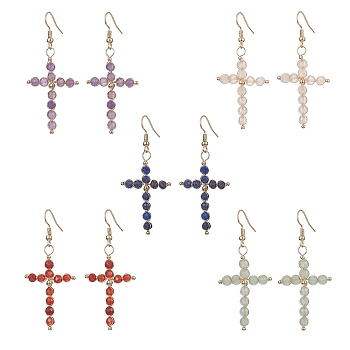 Natural Mixed Stone Cross Dangle Earrings, Brass Wires Wrap Earrings for Women, 58.5~60mm