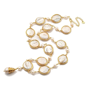 Natural Pearl Oval Link Necklaces, Real 14K Gold Plated Brass Jewelry for Women, Seashell Color, 22.76 inch(57.8cm), Oval: about 24x11mm