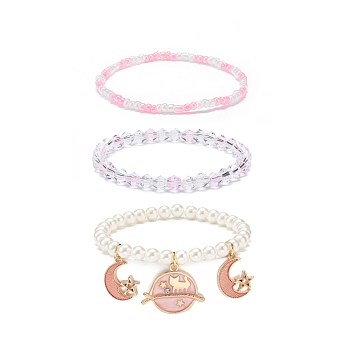 3Pcs 3 Style Shell Pearl & Glass Seed Beaded Stretch Bracelets Set, Alloy Enamel Moon & Star Charms Bracelets for Women, Pink, Inner Diameter: 2-1/8~2-1/4 inch(5.3~5.7cm), 3pcs/set