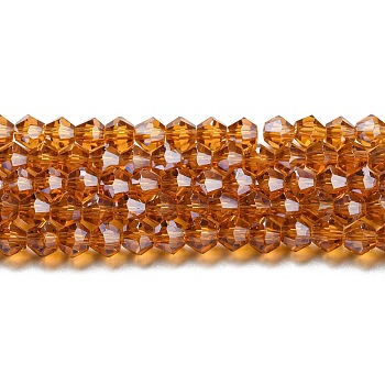 Transparent Electroplate Glass Beads Strands, Pearl Luster Plated, Faceted, Bicone, Dark Orange, 6x6mm, Hole: 1mm, about 45~47pcs/strand, 9.65~9.84 inch(24.5~25cm)