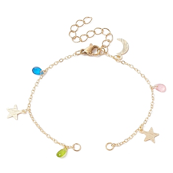 Star & Moon Brass Link Chain Bracelet Making, with Glass Teardrop, Lobster Claw Clasps, Fit for Connector Charms, Colorful, 6-1/2 inch(16.4cm)