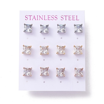 6 Pairs Tiny Cubic Zirconia Square Stud Earrings, 304 Stainless Steel Jewelry for Women, Mixed Color, Clear, 8x8mm, Pin: 0.7mm