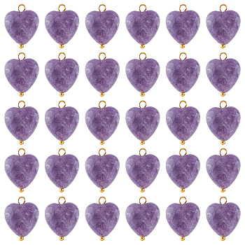 30Pcs Natural Lepidolite/Purple Mica Stone Pendants, with Golden Tone Brass Loops, Heart, 15~15.5x12~12.5x5.5~6mm, Hole: 1.5mm