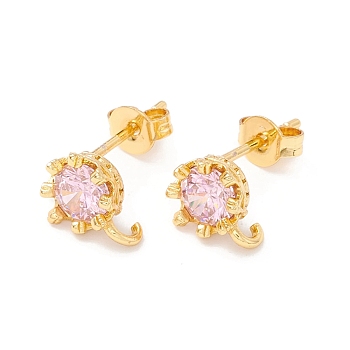 Rack Plating Brass Cubic Zirconia Stud Earrings Findings, Real 18K Gold Plated, with Hook, Cadmium Free & Lead Free, Crown, Pink, 9x7mm, Hole: 1.6mm, Pin: 1mm