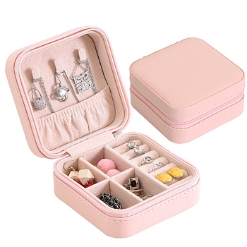 Imitation Leather Box, Jewelry Organizer, for Necklaces, Rings, Earrings and Pendants, Square, Pink, 10x10x5cm