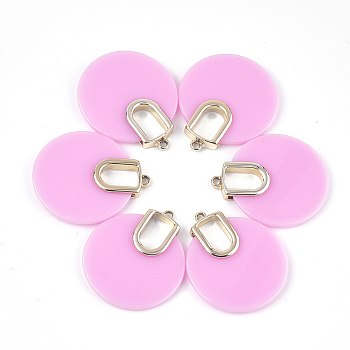 Opaque Acrylic Pendants, with Alloy Findings, Flat Round, Light Gold, Pearl Pink, 38.5x33x4.5mm, Hole: 2mm
