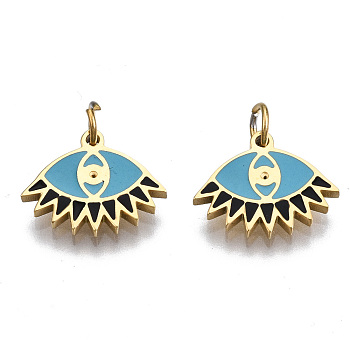 316 Surgical Stainless Steel Enamel Charms, with Jump Rings, Eye, Sky Blue and Black, Real 14K Gold Plated, 9x11.5x1mm, Jump Ring: 3.8x0.6mm, 2.6mm inner diameter