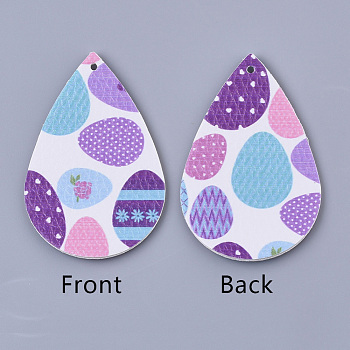 PU Leather Big Pendants, Easter Theme, Teardrop with Egg Pattern, Orchid, 55~56.5x35~37x2mm, Hole: 1~2mm