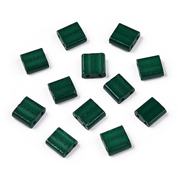 2-Hole Baking Paint Glass Seed Beads, Rectangle, Dark Green, 5x4.5~5.5x2~2.5mm, Hole: 0.5~0.8mm
