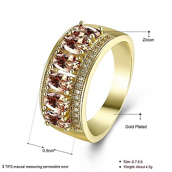 Brass Wide Band Rings, with Cubic Zirconia, Orange, Golden, US Size 8(18.1mm)