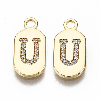 Brass Micro Pave Clear Cubic Zirconia Pendants, Nickel Free, Real 18K Gold Plated, Oval with Word, Letter.U, 16x7.5x1.5mm, Hole: 1.8mm