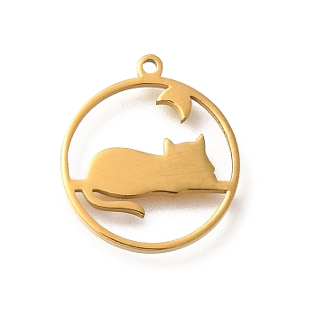 304 Stainless Steel Pendants, Laser Cut, Ring with Cat Charm, Real 18K Gold Plated, 17.5x15.5x1mm, Hole: 1.2mm