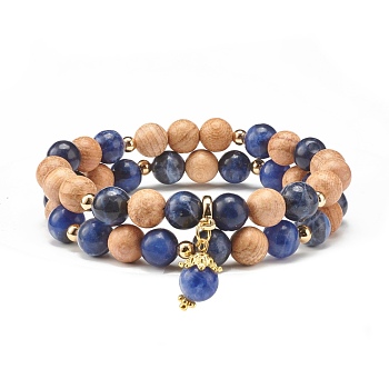 Natural Sodalite & Wood Round Beads Stretch Bracelets Set, Yoga Prayer Jewelry for Her, Golden, Inner Diameter: 2-1/8 inch(5.5cm), 2pcs/set