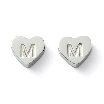 Tarnish Resistant 316L Surgical Stainless Steel Beads, Love Heart with Letter Bead, Stainless Steel Color, Letter M, 5.5x6.5x2.5mm, Hole: 1.4mm