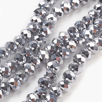 Electroplate Glass Beads Strands, Full Plated, Faceted, Rondelle, Silver, 6x4.5mm, Hole: 0.8mm, about 88~92pcs/strand, 15.5 inch