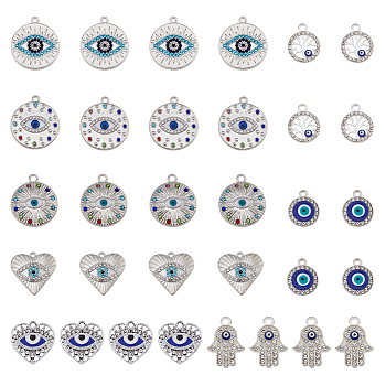32Pcs 8 Style Evil Eye Alloy Enamel Pendants, with Rhinestone, Heart & Flat Round & Hamsa Hand & Tree Charms, Platinum, 17~25x14~22x2~3mm, Hole: 1.2~2mm, 4Pcs/style