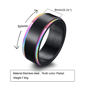 Stainless Steel Black Rainbow Color Rotatable Ring, Wide Band Ring for Men, Black, US Size 9(18.9mm)