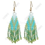 3 Pairs 304 Stainless Steel Glass Seed Beads Tassel Dangle Earrings, Golden, Sea Green, 68x30mm(EJEW-FS00071)