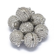 Rack Plating Brass Micro Pave Cubic Zirconia Magnetic Clasps with Loops, N45 Grade Strong Magnet, Long-Lasting Plated, Round, Clear, Real Platinum Plated, 14.5x10.5mm, Hole: 1.2mm(KK-F801-01B-P)