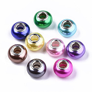Imitation Pearl Style Resin European Beads, Large Hole Rondelle Beads, with Silver Tone Brass Double Cores, Mixed Color, 14x9mm, Hole: 5mm(RPDL-T003-001)