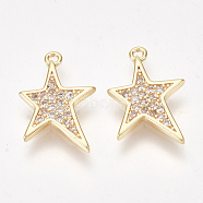 Brass Micro Pave Cubic Zirconia Pendants, Star, Clear, Nickel Free, Real 18K Gold Plated, 15x10x1.5mm, Hole: 1mm(KK-S350-283)
