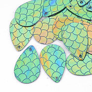PU Leather Pendants, teardrop, with Mermaid Fish Scale Pattern, Medium Aquamarine, 39.5x25x1mm, Hole: 1.5mm(X-FIND-T020-078A)