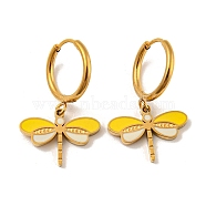 Golden 304 Stainless Steel Hoop Earrings, 316 Surgical Stainless Steel Enamel Dragonfly Drop Earrings, Gold, 25x16mm(EJEW-G380-02G-01)