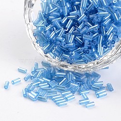 Tube Transparent Colours Pearl Luster Plated Round Hole Glass Bugle Beads, Cornflower Blue, 3~5x1.8~2mm, Hole: 0.8mm, about 1200pcs/50g(X-SEED-I001-103)