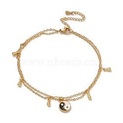 Vacuum Plating 304 Stainless Steel Cable Chains Multi-strand Anklet, Enamel Flat Round with Yin Yang & 201 Stainless Steel Teardrop Charm Double Layer Anklet for Women, Golden, 8-5/8 inch(22cm)(AJEW-A036-06G)