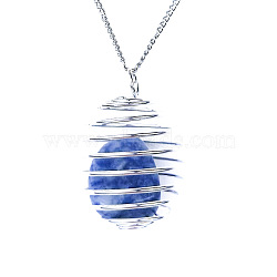 Natural Blue Spot Jasper Lantern Pendants, Oval Charms, with Platinum Plated Alloy Cage Findings, 30x25mm(FIND-PW0010-06E)