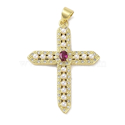 Rack Plating Brass Micro Pave Cubic Zirconia & Imitation Pearl Pendants, Lead Free & Cadmium Free, Long-Lasting Plated, Real 18K Gold Plated, Cross, Dark Red, 36x26x4mm, Hole: 4.5x3mm(KK-R163-02G-04)