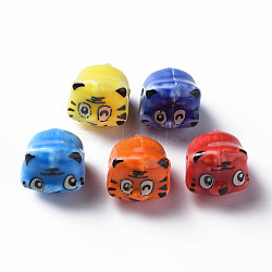 Handmade Porcelain Beads, Famille Rose Style, Tiger, Mixed Color, about 12x10.5x11mm, Hole: 1.8mm(PORC-T007-20)