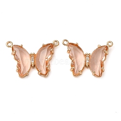 Brass Pave Faceted Glass Connector Charms, Golden Tone Butterfly Links, Light Salmon, 17.5x23x5mm, Hole: 0.9mm(FIND-Z020-03R)