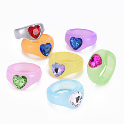 Heart Glass Rhinestone Finger Ring, Jelly Transparent Acrylic Ring for Teen Girl Women, Mixed Color, US Size 7 1/2(17.7mm)(RJEW-T010-16)
