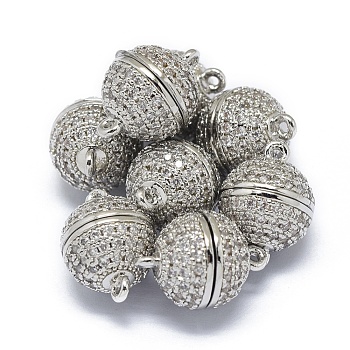 Rack Plating Brass Micro Pave Cubic Zirconia Magnetic Clasps with Loops, N45 Grade Strong Magnet, Long-Lasting Plated, Round, Clear, Real Platinum Plated, 14.5x10.5mm, Hole: 1.2mm