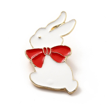 Rabbit with Bowknot Enamel Pin, Golden Alloy Animal Brooch for Backpack Clothes, Cadmium Free & Lead Free, Red, 32x20x2mm, Pin: 0.7mm