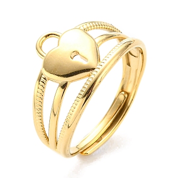 304 Stainless Steel Heart Padlock Adjustable Ring for Women, Real 14K Gold Plated, US Size 7 1/4(17.5mm)