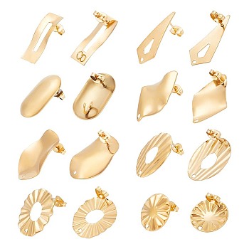 US 8 Style 304 Stainless Steel Stud Earring Findings, with Vertical Loops & Ear Nuts/Earring Backs, Oval & Flat Round & Rectangle & Cone, Golden, 17~28x8~18mm, Hole: 1.2~4mm, Pin: 0.7mm, 2Pcs/style, 16Pcs/box