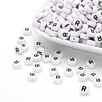 Acrylic Beads, with Horizontal Hole, Letter, Flat Round, Letter.R, 7x4mm, Hole: 1mm, about 146pcs/20g