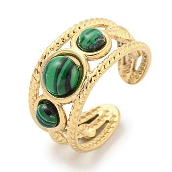 Ion Plating(IP) 304 Stainless Steel Synthetic Malachite Cuff Rings, Round Open Rings for Women Men, Real 18K Gold Plated, Adjustable
