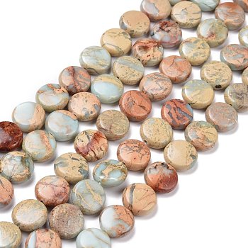 Natural Aqua Terra Jasper Beads Strands, Flat Round, 14x5.5mm, Hole: 1.2mm, about 29pcs/strand, 15.94''(40.5cm)