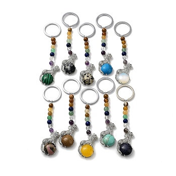 Natural & Synthetic Mixed Gemstone & Brass Cheetah Keychain, with 7 Chakra Gemstone Bead and Iron Rings, Lead Free & Cadmium Free, 10.3cm