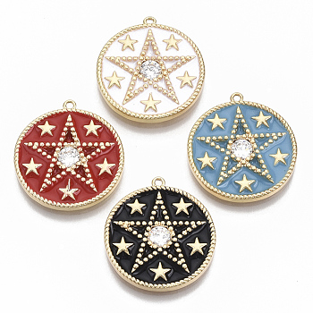 Brass Micro Pave Clear Cubic Zirconia Pendants, with Enamel, Nickel Free, Flat Round with Star, Real 18K Gold Plated, Mixed Color, 21x19.5x2.5mm, Hole: 1mm