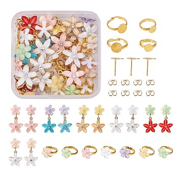 DIY Flower Earring & Finger Rings Making Kit, Including Resin Cabochons, Alloy Pendants, Brass Stud Earring Findings & Pad Ring Bases, Mixed Color, 88Pcs/box