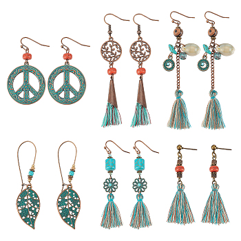 FIBLOOM 6 Pair 6 Style Bohemian Vintage Tassel Earrings Set, Leaf & Tree & Peace Sign Dangle Earrings with Natural Shell for Women, Mixed Color, 10mm, 1 Pair/style