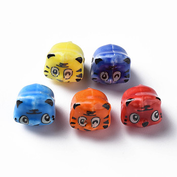 Handmade Porcelain Beads, Famille Rose Style, Tiger, Mixed Color, about 12x10.5x11mm, Hole: 1.8mm