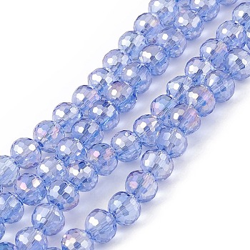 Transparent Electroplate Glass Beads Strands, Faceted(96 Facets), Round, AB Color Plated, Cornflower Blue, 7.5~8x7mm, Hole: 1.2mm, about 70~72pcs/strand, 20.08~20.47 inch(51~52cm)